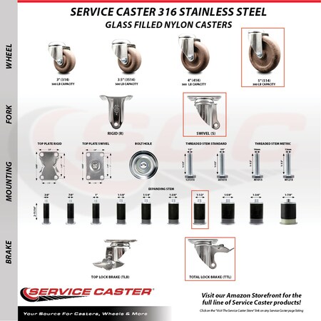 Service Caster 5 Inch 316SS High Temp Glass Filled Nylon 1-1/2 Inch Stem Caster Lock Brake SCC SCC-SS316TTLEX20S514-GFNSHT-112